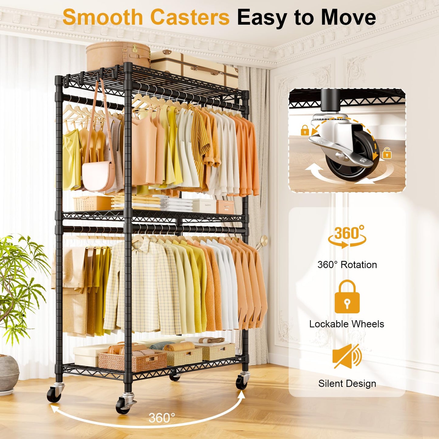 ULIFHOME P5 Rolling Clothes Rack Heavy Duty, Clothing Racks for Hanging Clothes, Metal Garment Rack with Wheels, 3-Tier Portable Closet Rack 39.4'' W × 20.5'' D × 80.5'' H, Max Load 650 Lbs, Black