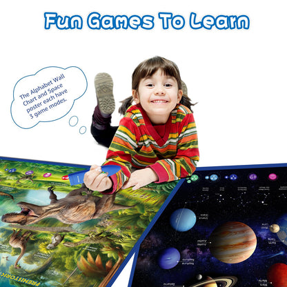 Bilingual Interactive for Kids Talking Dinosaur & Space Poster for Kids Learning and Educational Toys,Talking Educational Dinosaur Toy for Ages 3 to 12 Years Old,Space Theme Wall Decor for Preschool