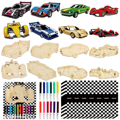 gisgfim 16 Sets Race Car Wooden Painting Kit Race Car Party Favors Wood Painting Crafts Bulk Racing Cards Creative Art Craft Set Thank You for Coming Gifts for Kids Boys Girls Birthday Party Supplies