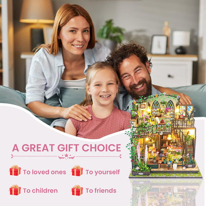 DIY Miniature House Kit, DIY Wooden Garden House with LED Light, Mini House Building Kit with Furniture for Adult Teen, DIY Adult Crafts for Home Decoration, Birthday Gifts for Family, Friends
