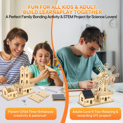 STEM Solar-Powered 3D Wooden Puzzle Kit - DIY Dutch Windmill House Building Toy | Educational Science Craft for Kids 8-15 & Adults | Hands-On Creative Model Project | Adopt Basswood-Safe&Sturdy