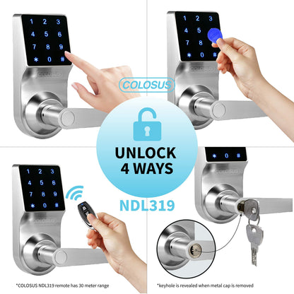 Electronic Keyless Door Lock, Keyless Entry with Touchscreen, Key Fobs, Remote Control, Keys for Home, Office or Commercial, Silver NDL319