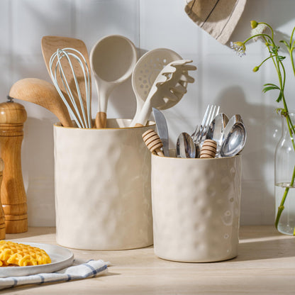famiware Ocean Utensil Holder, 7.2"+5.8" Ceramic Kitchen Utensil Holder for Countertop, Cooking Utensil Crocks, Utensil Organizer for Spatula & Spoon, Kitchen Decor, Set of 2, Vanilla White