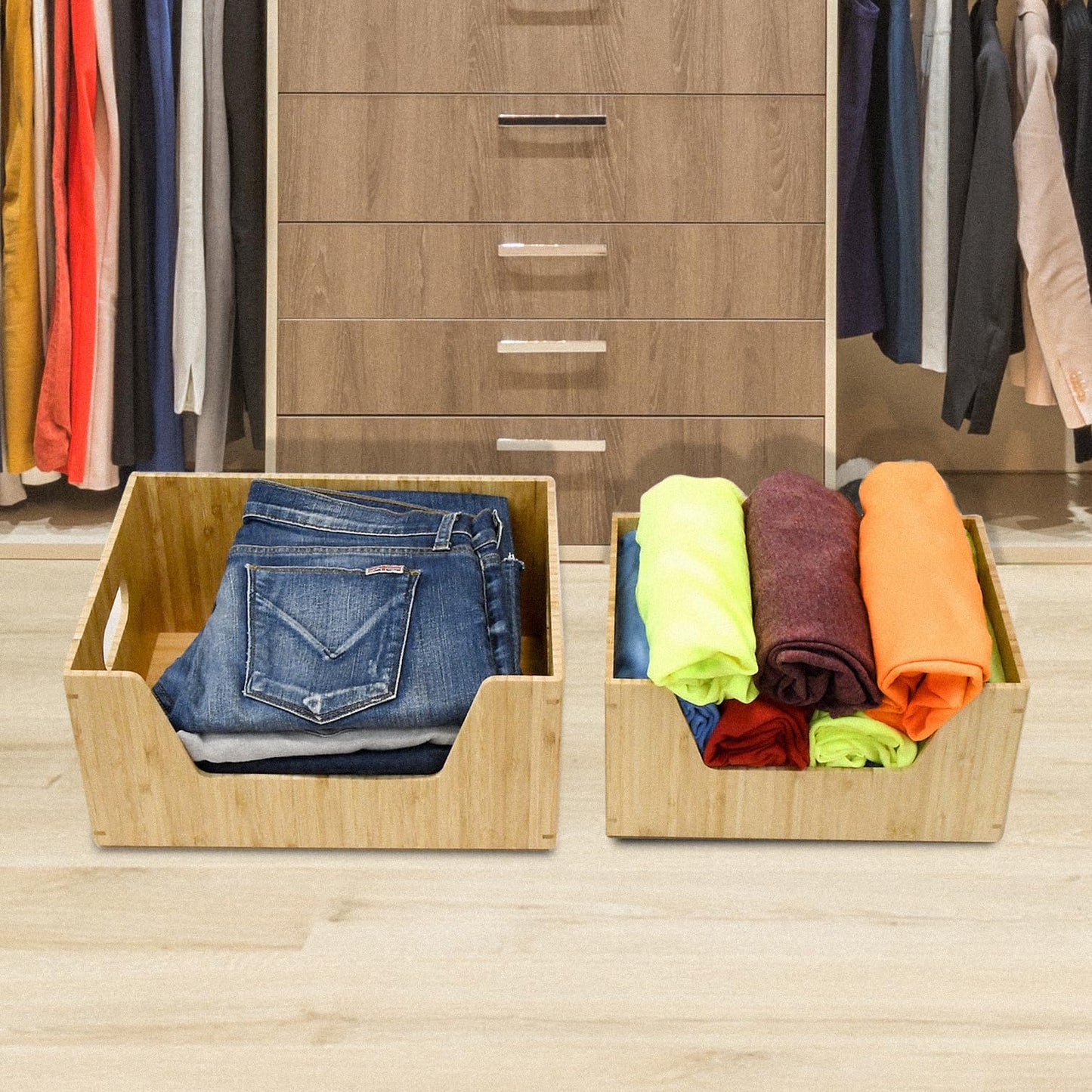MobileVision Bamboo Storage Box with Open Front Stackable Bin Organizer to use in closets, bedrooms, kitchens, home & office, 14 x 11 x 6.5 inches