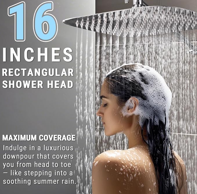 G-Promise All Metal 16 Inch Rain Shower Head with Massage Mode Handheld Spray Combo, 3-Way Diverter with Pause Setting, Full Body Coverage, Modern Bathroom Upgrade (Chrome)
