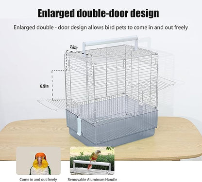 Stainless Steel Travel Bird Cage, 304 Portable Foldable Carrier for Parrots, Conures, Cockatiels, Parakeets – 17 Inch Large Birdcage with Aluminum Handle & Perch(Blue, Large Birdcage)