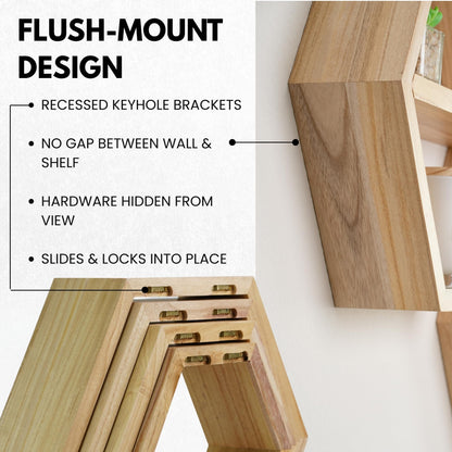 LABEND HOME Hexagon Floating Shelves Set of 4 - Solid Wood Wall Mounted Shelves - Honeycomb Geometric Display Shelves for Living Room, Bedroom, Kitchen - Natural Wood Finish -Includes Hardware & Level