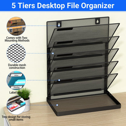 Legal/A4/Letter Size/A3 6 Tier Wall File Organizer,2-in-1 Wall Mounted&Desktop File Holder,2 Installation Methods Screws & Adhesive,Mesh Document Organizer with Label Plate for Home Office