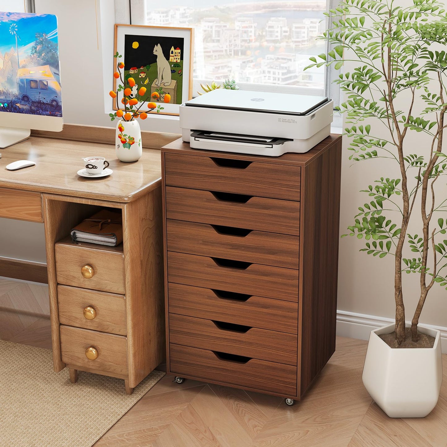 Giantex 7-Drawer Storage Cabinet, Mobile File Organizer with 4 Universal Casters, Wooden Vertical Filing Cabinet on Lockable Wheels for Office, Study, Living Room (19” x 15.5” x 34.5”,Walnut)