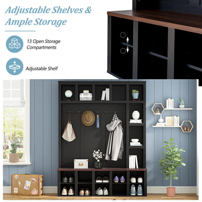 Merax Hall Tree with Bench and Shoe Storage, Farmhouse Wooden Coat Rack with 6 Hooks, Built-in 18 Open Compartments, for Entryway, Living Room, Black
