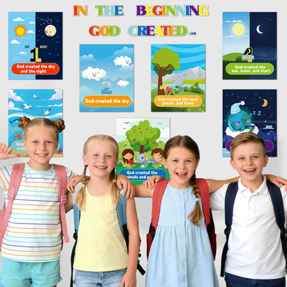 HoniedPepperino 7 Days of Creation Poster - 13.7x11in God Created The World Educational Paper Wall Art for Sunday School Decorations, Back to School Teacher Supplies & Bulletin Board for VBS