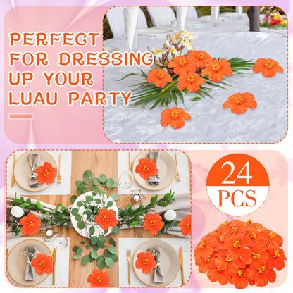 Hotop 24 Pcs Artificial Hibiscus Flowers Orange Hawaiian Fake Flowers Faux Tropical Hibiscus Decoration for Luau Summer Party Decor DIY Crafts Cake Favors Supplies Table Centerpieces