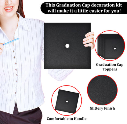 Graduation Cap Topper Kit 25 Count 9x9 Inch Black Glitter Caps with 150 Adhesive Dots for DIY Decorating Mortarboard Decoration Supplies