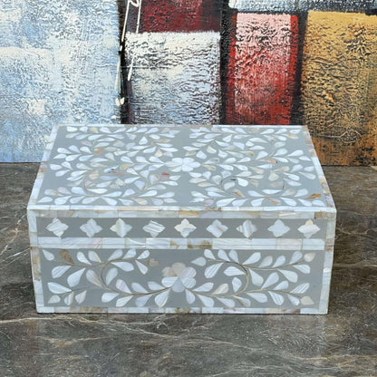 HANDMADE ENTARO Decorative Wooden Storage Box with Mother of Pearl Inlay – Elegant Floral Design – Perfect for Home Décor in Living Room, Dining Area, or Bedroom (Grey, 12x8x5 inches)