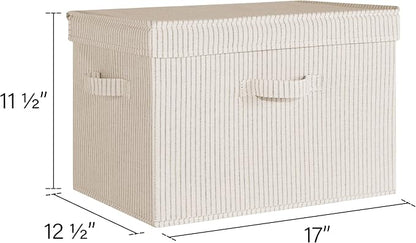 StorageWorks Fabric Storage Bins with Lid, Decorative Storage Boxes for Shelves, Stackable Closet Organizer Basket with Handles, Jumbo, Khaki and Beige Stripes, 2-Pack