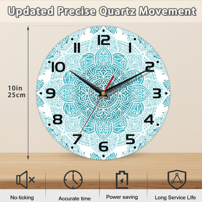 Teal Mandala Flower Wall Clock, Silent Non-Ticking, Battery Operated, Wooden Decorative Round Clock with Arabic Numerals, 10 Inch