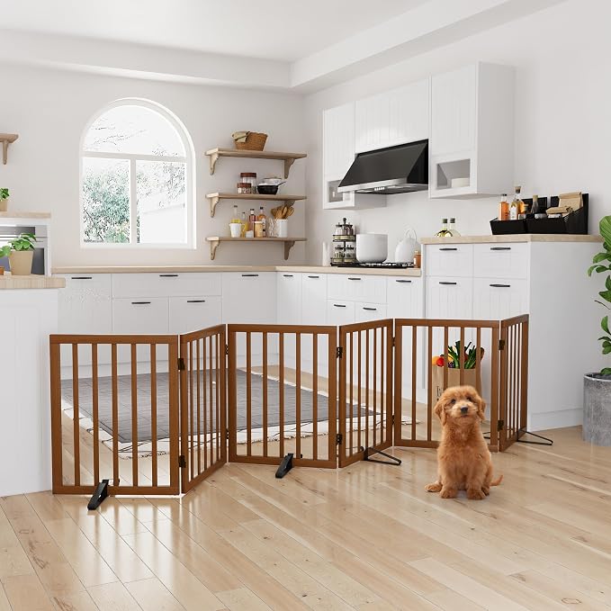 Semiocthome Walnut Dog Gates for Doorways, 6-Panel Freestanding Dog Gate Indoor for the House Stairs, 24" H Foldable Wooden Pet Gates with 4PCS Metal Stands, Expands Up to 110" (W)