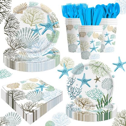 140Pcs Ocean Seashell Coastal Beach Starfish Coral Party Plates Supplies Tableware Decorations Disposable Paper Plates Napkins Forks for Birthday Summer Baby Shower, Serves 20