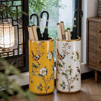 Ceramic Entryway Umbrella Stand,Handmade Appliques Chinese Umbrella Stand Barrels,Vintage Floor Standing Cane Holder Placed & Flower Vases for Hotel Office Home Entrance,B,17.3in