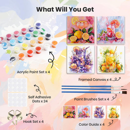 HEIBAGO 4 Pack Framed Paint by Numbers Kit for Adults Beginner, Adult Paint by Number Kits Cocktail, DIY Paint by Numbers for Adults,Small Easy Acrylic Oil Painting for Wall Decor 8 x 8 Inch