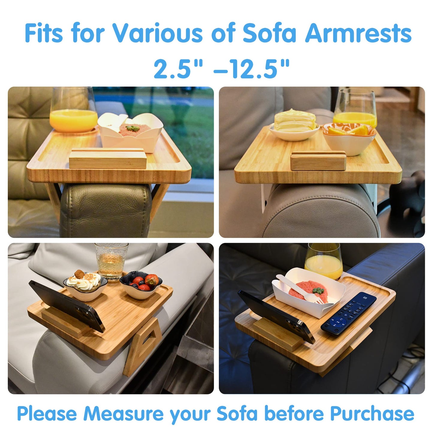 Couch Arm Tray Table Clip on Sofa, Armrest TV Tray Table with 360° Rotating Phone Holder, Solid Bamboo Side Table for Wide Couches Arm, Gift for Mom Dad or Friends，Fits Sofa Arms 6-10 inches Wide