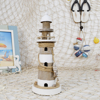 Linfevisi Wooden Lighthouse Decor with Light Tabletop Nautical Decor Solid Wood Light Houses Statue Figurines Inside Standing Coastal Beach Decoration Ocean Sea Theme Home Bathroom 12.75 Inch