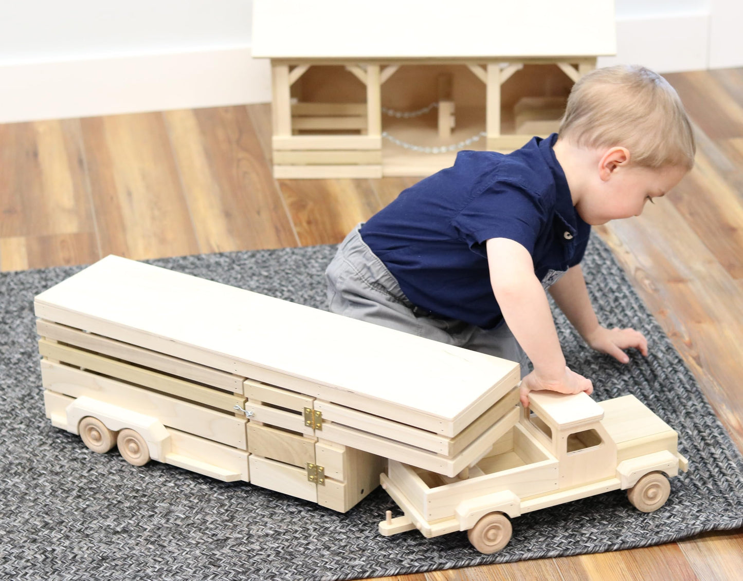 AmishToyBox.com Wooden Toy Pickup Truck & Gooseneck Horse Trailer Set
