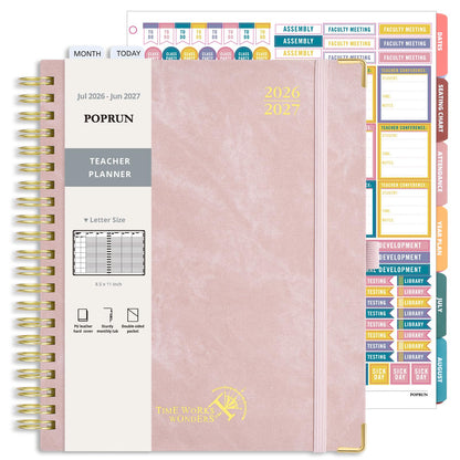 POPRUN Teacher Planner 2026-2027 Academic Year, Large Size 8.5"x 11", Monthly and Weekly Calendar, July 2026 - June 2027, Plan book with Hardcover, Spiral Bound, School Supplies for Classroom - Pink