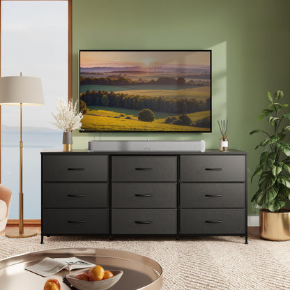 WLIVE 63''W Dresser for Bedroom, Black Dresser TV Stand for 65, 70, 75 inch TV, Wide Chest of Drawers with 9 Drawer, Large Entertainment Center, Fabric Dressers with Wood Top for Closet, Living Room