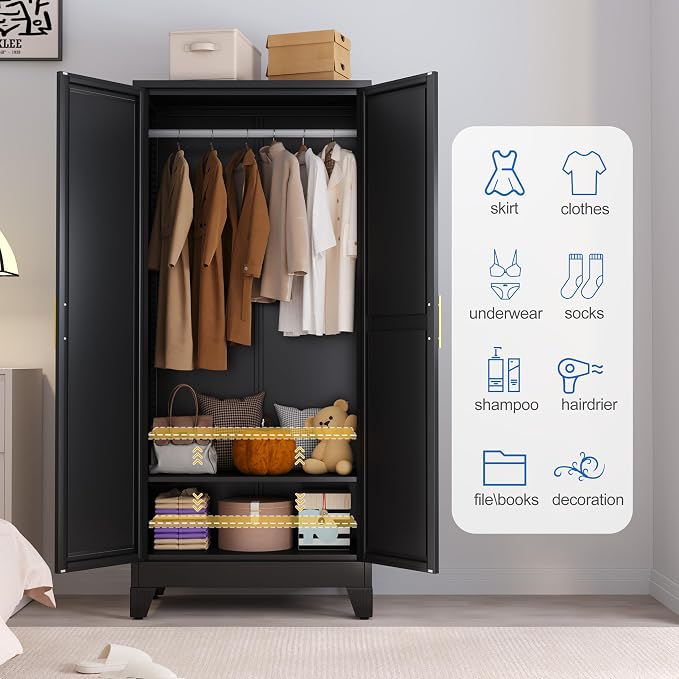 GAIOUS Metal Wardrobe Cabinet with Mirror and Hanging Rod, 71" Black | Clothing Storage Cabinets with 2 Doors and Adjustable Shelves, Armoire Wardrobe Closet for Bedroom, Laundry Room, Cloak Room