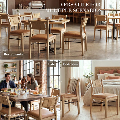 CIMOTA Wooden Dining Chairs Set of 2, Rope Woven Back,Upholstered Dining Room Chairs with Brown Faux Leather 2.25" Padded Seat, Mid-Century Modern Farmhouse Armless Kitchen Side Chairs for Dining Room