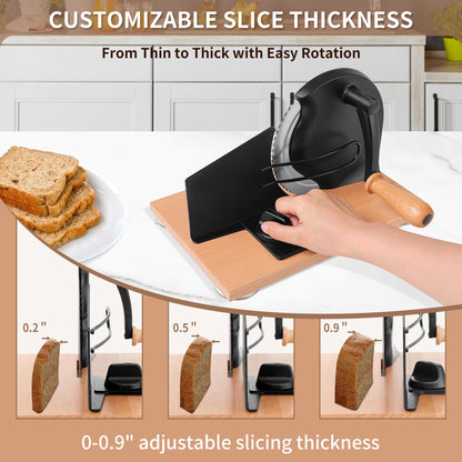 CAWIU Upgraded Manual Bread Slicer for Homemade Sourdough, Adjustable Thickness Hand Crank Bread Cutter with Stainless Steel Blade, Slicing Guide, Suction Cups & Protective Cover (Black)
