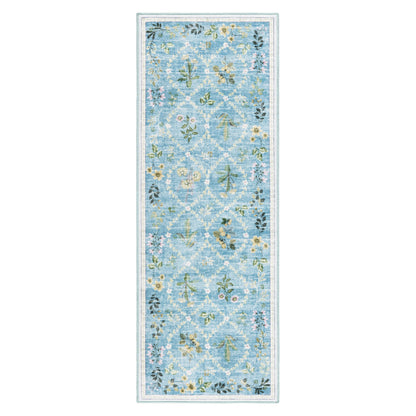 EVERWASH Haven Floral Trellis Machine Washable Area Rug with Airflo Technology for Easy Clean, Ultra-Soft Non-Slip Rug with Built-in Pad, Pet, Family & Allergy Friendly, Blue, 2'6"x7'