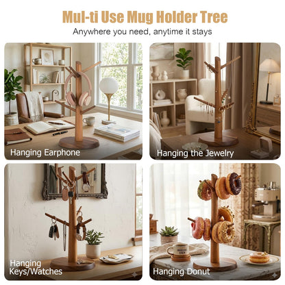 Onedeful Mug Holder Tree, Acacia Wood Mug Rack with Stable Base, 6-Hook Mugs Stand for Tea & Coffee Cups, Kitchen Countertop & Coffee Bar Organizer