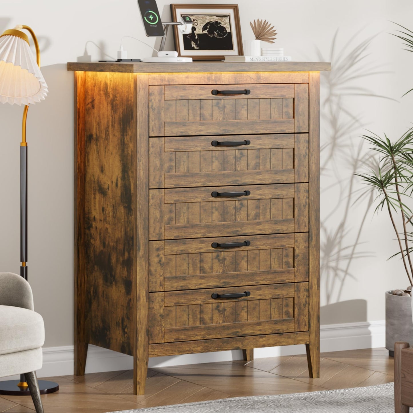 Garvee 44.9'' Tall 5 Drawer Dresser with Power Outlet & LED Lights