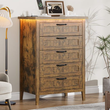 Garvee 44.9'' Tall 5 Drawer Dresser with Power Outlet & LED Lights
