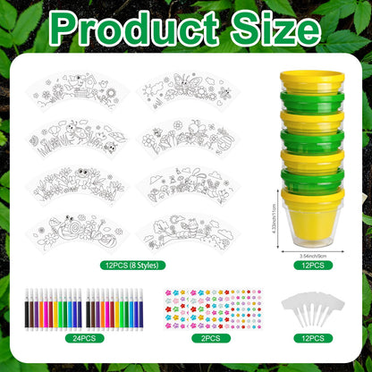 Cinrobiye 12 Set Garden Pot Craft Kit, DIY Paintable Flower Pots Bulk Small Planter Kit with Stickers Plant Labels for Spring Gardening Activities Party Craft Supplies