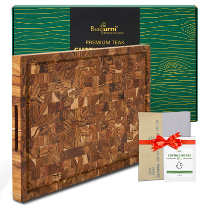 BEEFURNI Teak Wood End Grain Cutting Board (XL, 24x17x1.5"), Extra Large Wooden Cutting Board for Kitchen, Charcuterie Boards, High Quality Wood Cutting Board, Gift Box Included, 1-Year Warranty