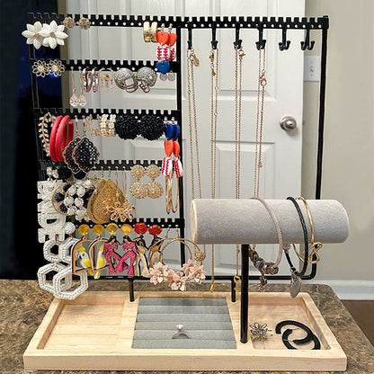 HINIHAO Earring Holder,5-Tier Ear Stud Holder with Wooden Tray, Jewelry Tower Rack with 108 Holes, 12 Hooks Necklaces Hanging, for Bracelets Earrings Rings Watches (Black)