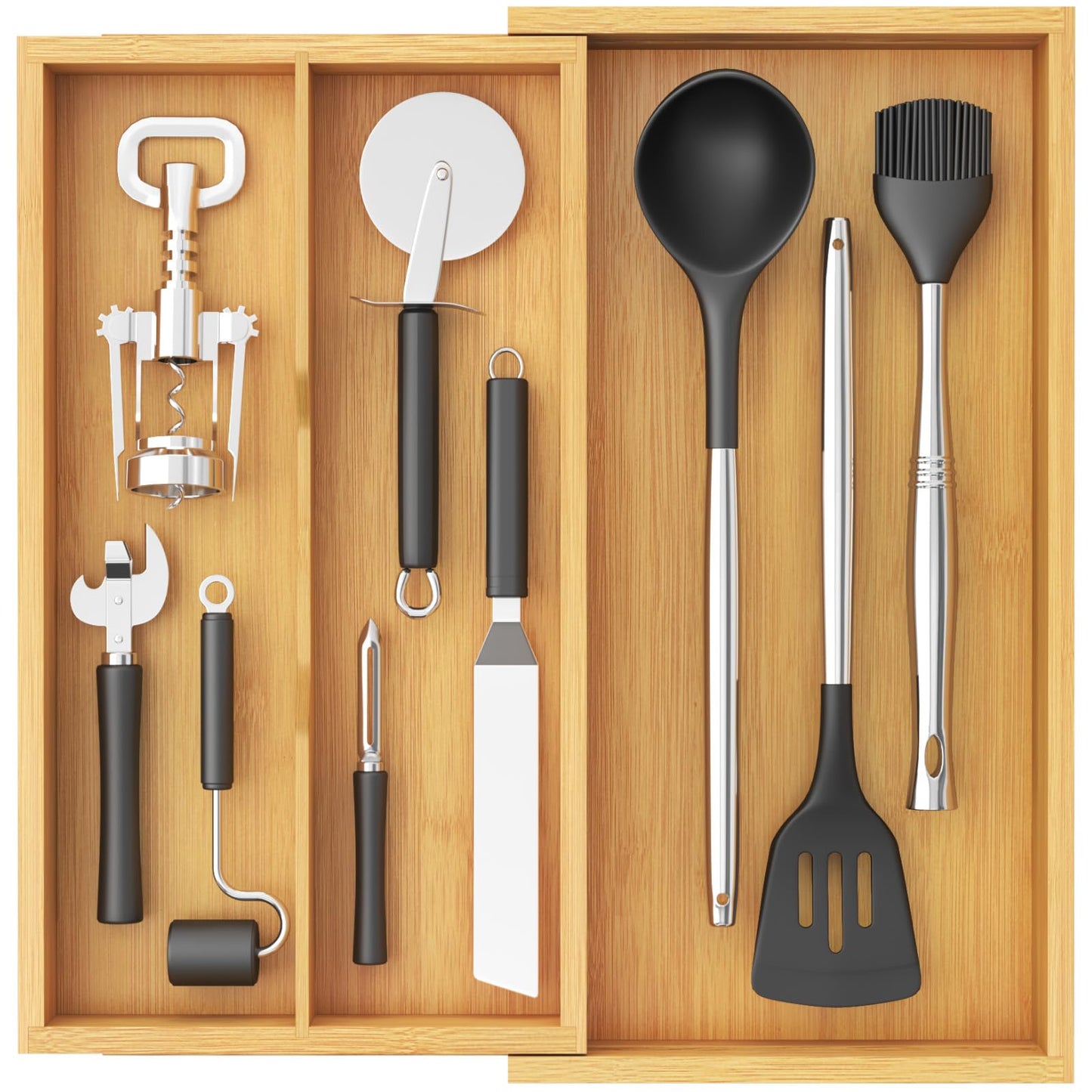 Lifewit Utensil Organizer for Kitchen Drawer, Expandable 13 to 22.4 Inches Wide, Adjustable Cooking Silverware Tray, Bamboo Cutlery Flatware Holder, Spatula Tools and Gadgets Storage Divider, Natural