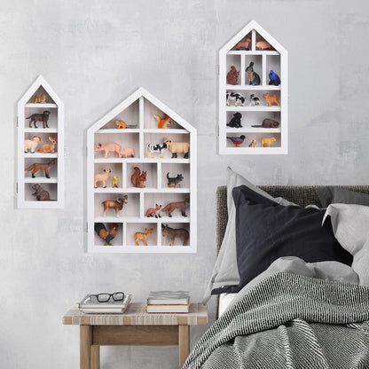 DoubleFill Set of 3 Wooden Shadow Box Frame with Shelves Large Trinket Shelf Display Cases Wall Mounted for Mini Figures Curio Cabinet Medals Wedding Bouquet Photos(White,House Shape)