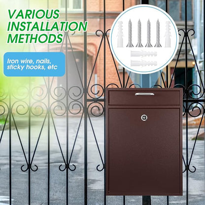 Yaocom Locking Mailbox with Key for Outdoor 16.2 x 11.2 x 4.7 Inches Large Wall Mount Mail Box with Lock Security Mail Drop Metal Collection Boxes Hanging Secure Postbox(Brown)
