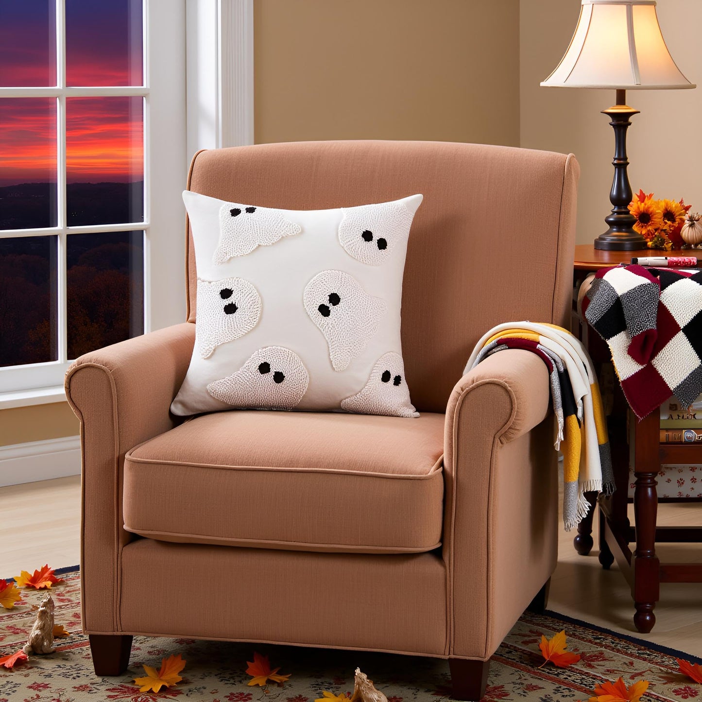 Tosleo Halloween Throw Pillow Covers 18x18 inch Set of 2 Halloween White Ghosts Embroidered Pillow Cases Thanksgiving Home Party Fall Decor Pillowcases Square Cushion Covers for Spooky Season