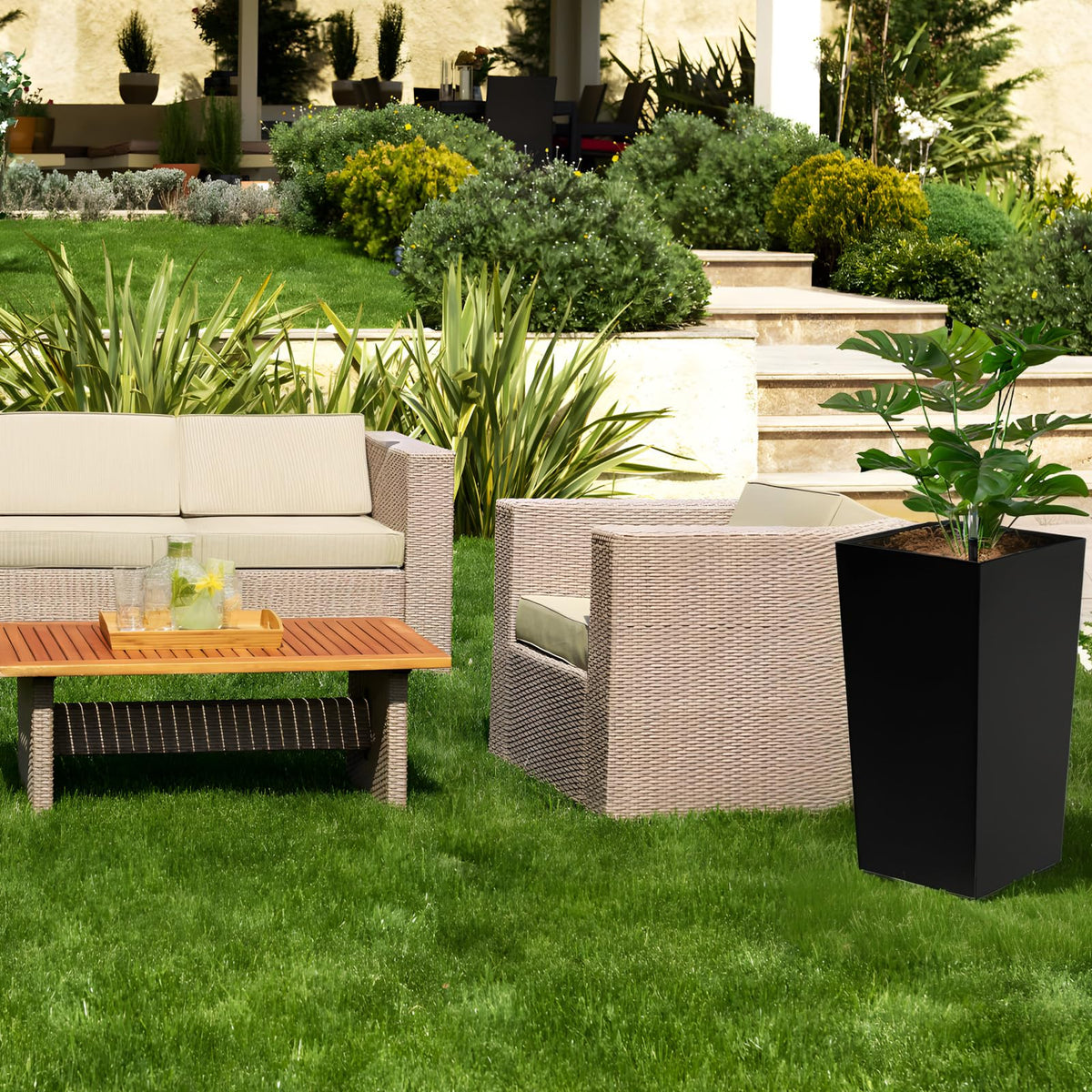 Set of 2 Large Tall Planter for Indoor or Outdoor 22" Flower Pots Tapered Tall Planters with Tray for Porch, Patio, Backyard, Large Planters for Plants with Visual Water Level, Dual Buckle, Tray Black