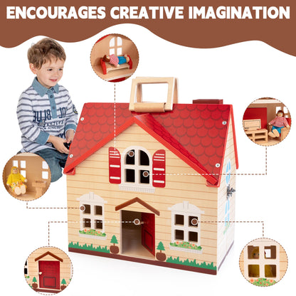 Foldable Wooden Dollhouse with 13PCS Furniture, 4 Rooms and 2 Flexible Dolls, Pretend Play Doll House Set with Portable Handle, Christmas Birthday Gift for Boys Girls Age 3+