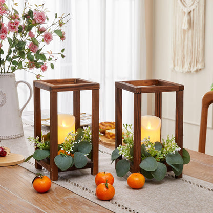 Neoflavie 42 Pcs /14 Set Wooden Wedding Lantern Centerpiece-Wooden Candle Lantern Bulk Includes 14 Farmhouse Wooden Candle Holder 14 Flameless LED Candles 14 Eucalyptus Leaves Wreath for Decoration