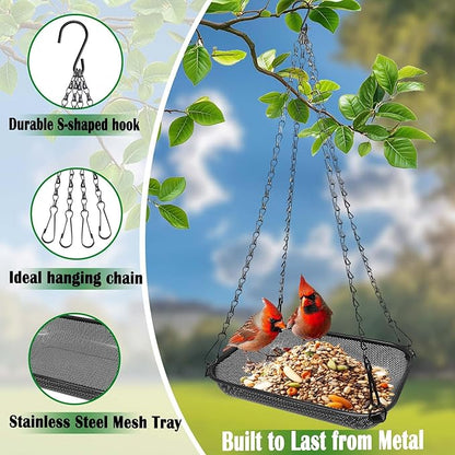 Hanging Bird Feeder for Outdoors – 12 x 8 in Rectangular Platform Bird Feeder, Metal Mesh Seed Tray for Wild Birds, Black