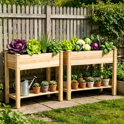 48x24x30.7in Wood Raised Garden Bed with Legs Wooden Planter Box with Storage Shelf Elevated Wood Planter Box for Vegetables Flowers Herbs Garden Planter for Backyard Patio Balcony (Natural, Medium)