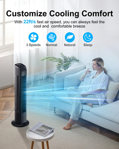 Uthfy Oscillating Tower Fan with Remote, Electric Standing Floor Fan for Bedroom Indoor Office and Home Use,Quiet Cooling Portable Bladeless Tower Fans, 30 inchs, Black