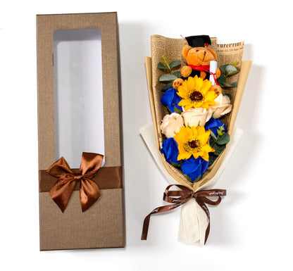 Ansuma 13" Graduation Rose Sunflower Scented Soap Flower Bouquet Mini Plush Graduate Teddy Bear with Grad Cap Floral Arrangements Gift Box for Graduation Party Favors Supplies (Blue)